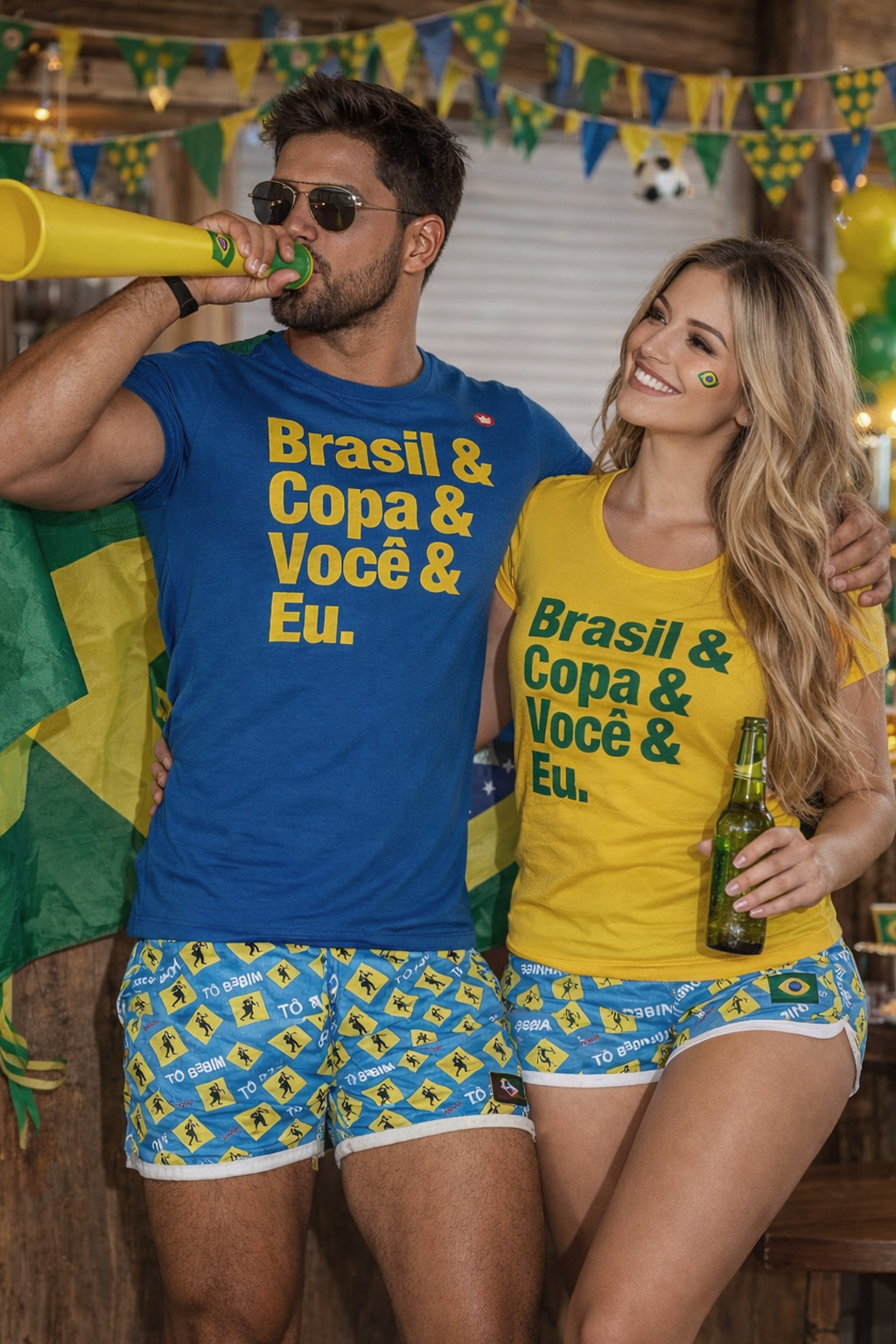 KIT COM 2 CAMISETAS CASAL COPA BRASIL & COPA & VOCÊ E EU.