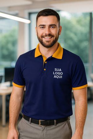 CAMISA AZUL MARINHO/AMARELO OURO PARA EMPRESAS MODELO POLO COM RECORTES DIFERENCIADOS BORDADO O SEU LOGO – KIT 10 PÇS