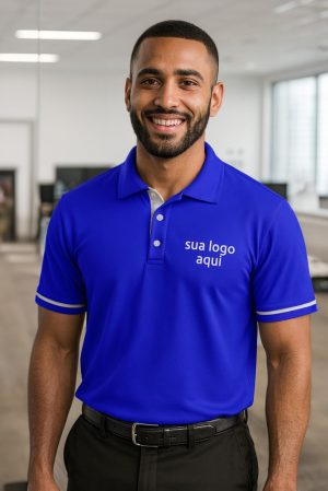 CAMISA AZUL ROYAL COM VIVO BRANCO PARA EMPRESAS MODELO POLO COM RECORTES DIFERENCIADOS BORDADO O SEU LOGO – KIT 10 PÇS