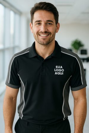 CAMISA CINZA COM PRETO PARA EMPRESAS MODELO POLO COM RECORTES DIFERENCIADOS BORDADO O SEU LOGO – KIT 10 PÇS