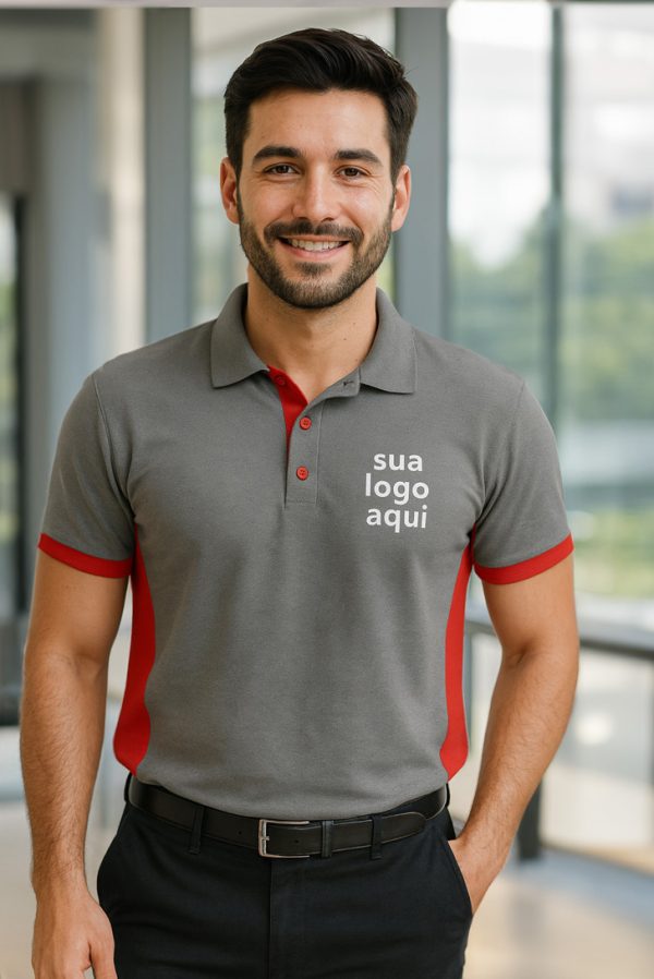 CAMISA CINZA/VERMELHO PARA EMPRESAS MODELO POLO COM RECORTES DIFERENCIADOS BORDADO O SEU LOGO – KIT 10 PÇS