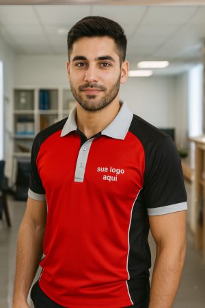 CAMISA PRETA/BRANCA/VERMELHO PARA EMPRESAS MODELO POLO COM RECORTES DIFERENCIADOS BORDADO O SEU LOGO – KIT 10 PÇS
