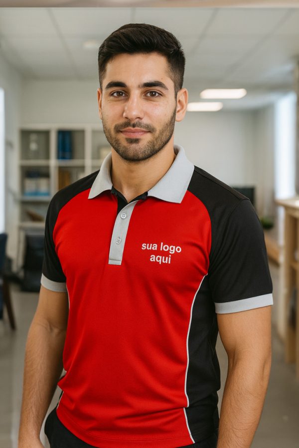CAMISA PRETA/BRANCA/VERMELHO PARA EMPRESAS MODELO POLO COM RECORTES DIFERENCIADOS BORDADO O SEU LOGO – KIT 10 PÇS