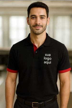 CAMISA PRETA PUNHO VERMELHO PARA EMPRESAS MODELO POLO COM RECORTES DIFERENCIADOS BORDADO OSEU LOGO KIT 10 PEÇAS
