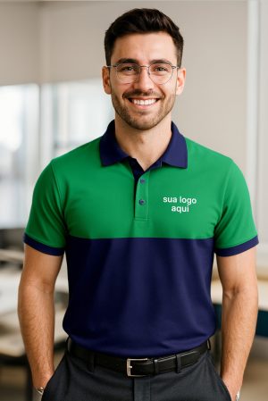 CAMISA VERDE COM AZUL MARINHO PARA EMPRESAS MODELO POLO COM RECORTES DIFERENCIADOS BORDADO O SEU LOGO – KIT 10 PÇS
